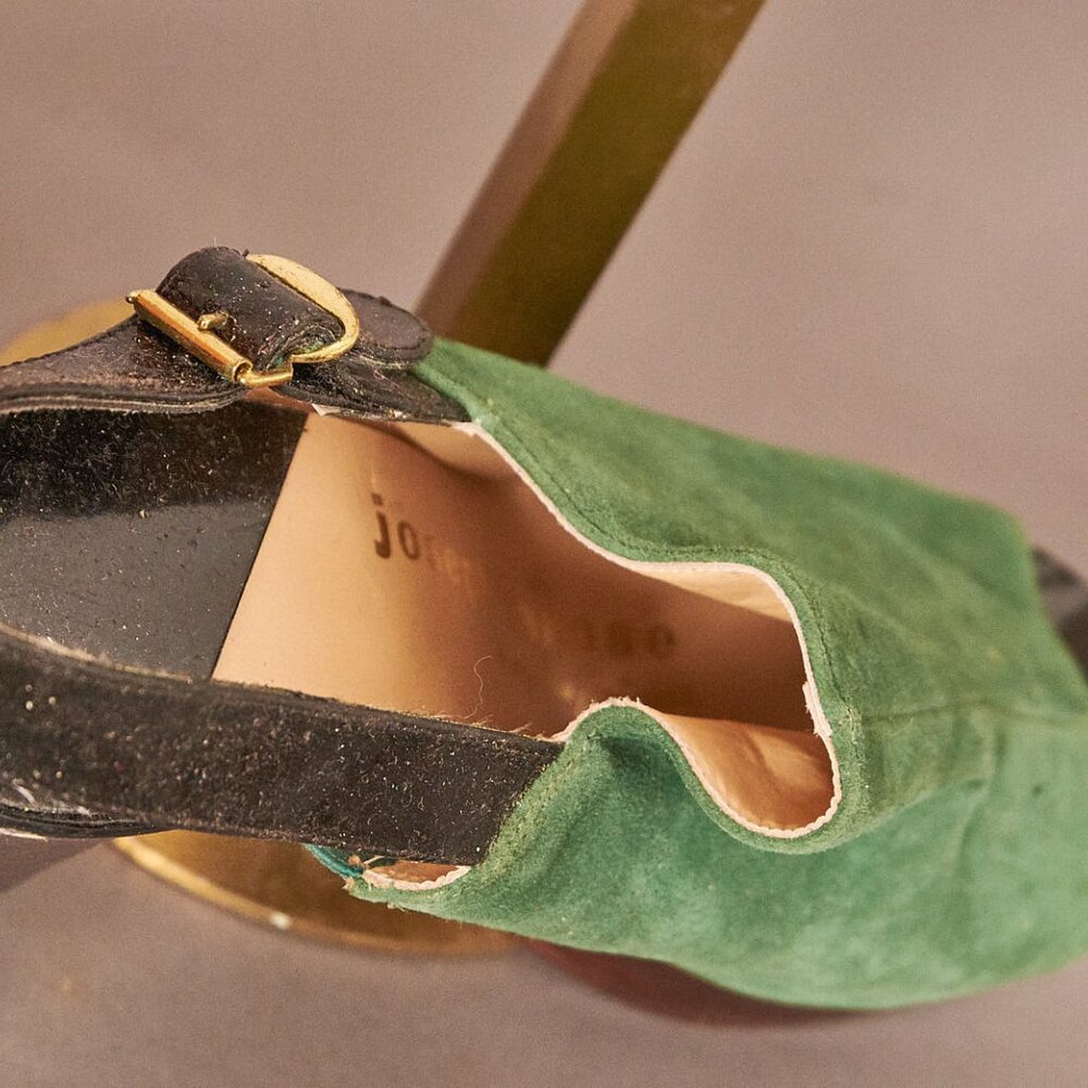 1970s Green Suede Retro Platform Heels Stacked Wood Heel